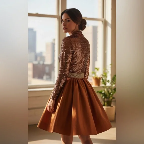 Vintage Oscar de la Renta Studio Sequin and Silk Bronze Formal Mini Dress - Picture 4 of 15